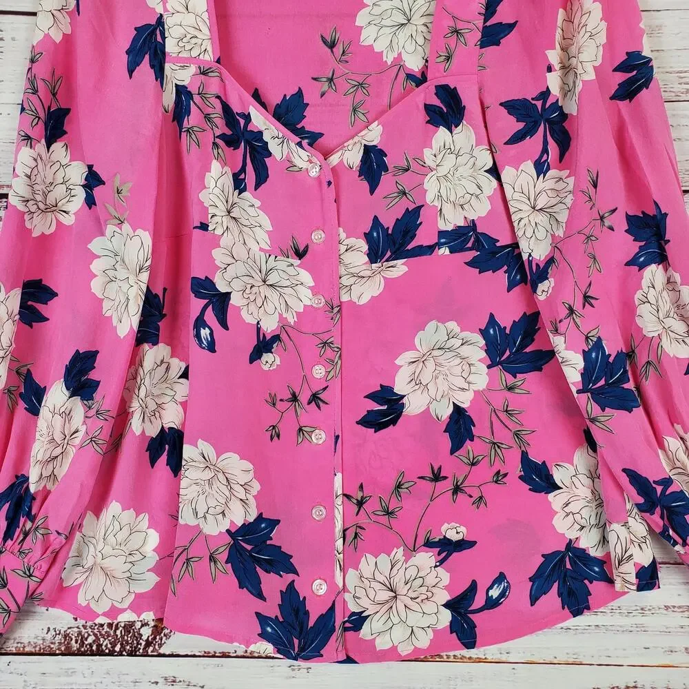 Yumi Kim Velvet Morning Hot Pink Floral Blouse S Silky Puff Sleeves Tropical Top